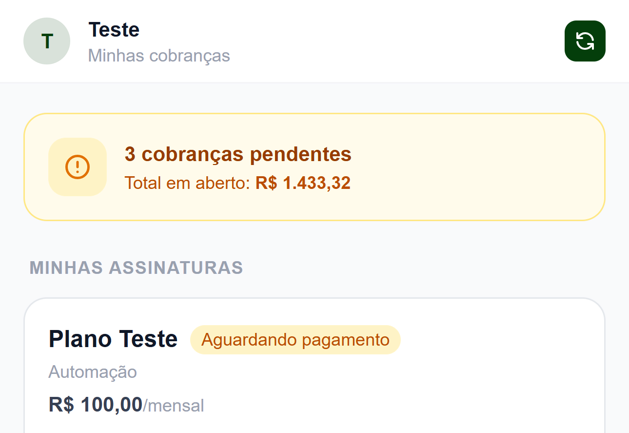 Área do cliente com mensalidades e pagamento via PIX